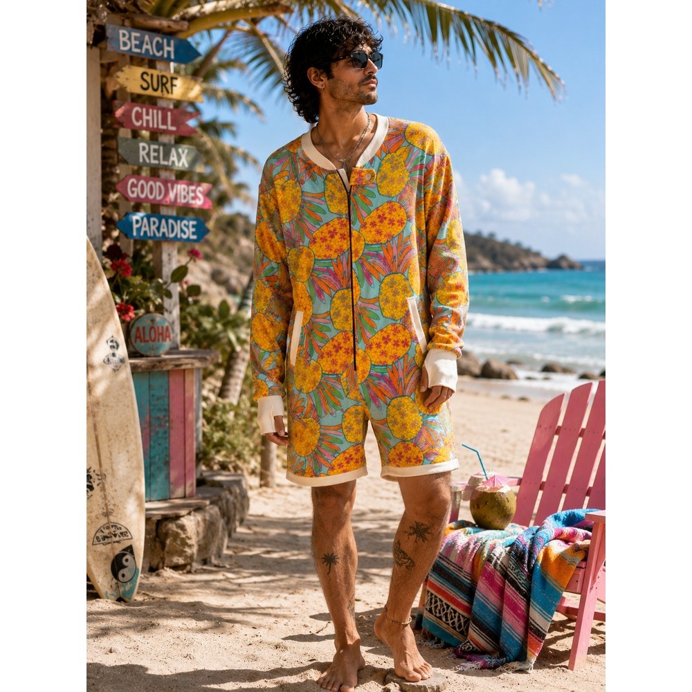 Chubbies Mens Pineapple Romper L Terry One Piece Tropical Loud Bright Swim